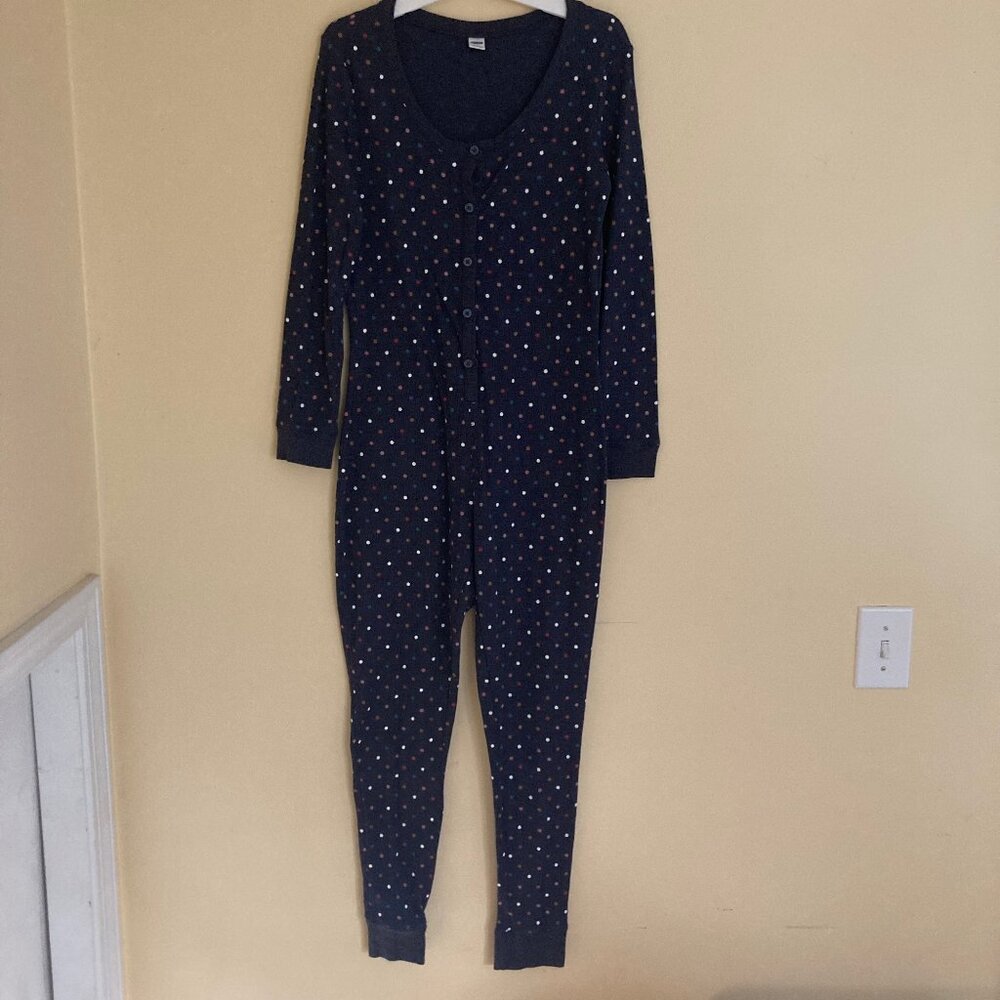 Old Navy, Girls Long John Pajamas, Color Navy with Polka Dots, Size Small